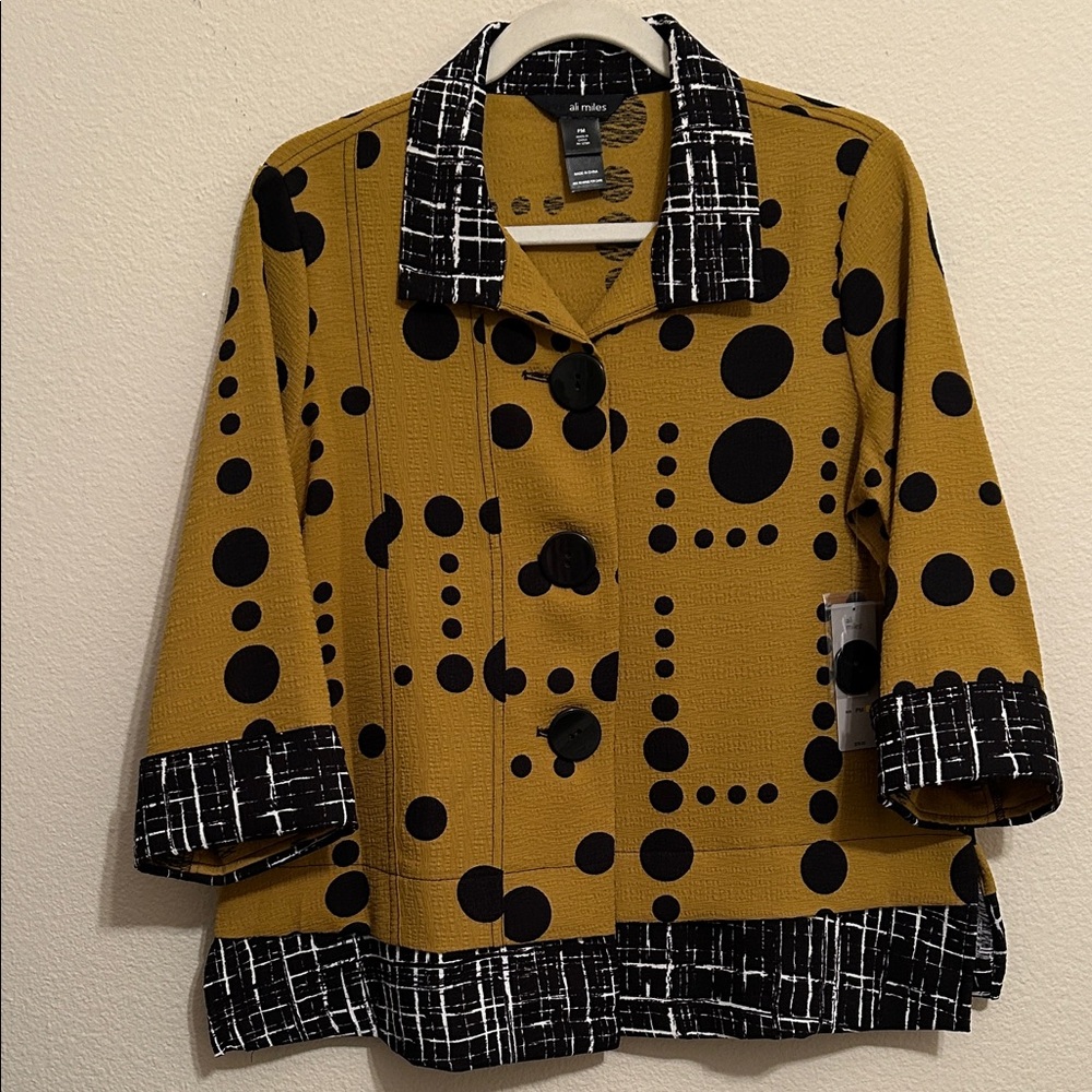 Ali Miles Mustard and Black Polka Dot Button Blazer with Contrast Trim